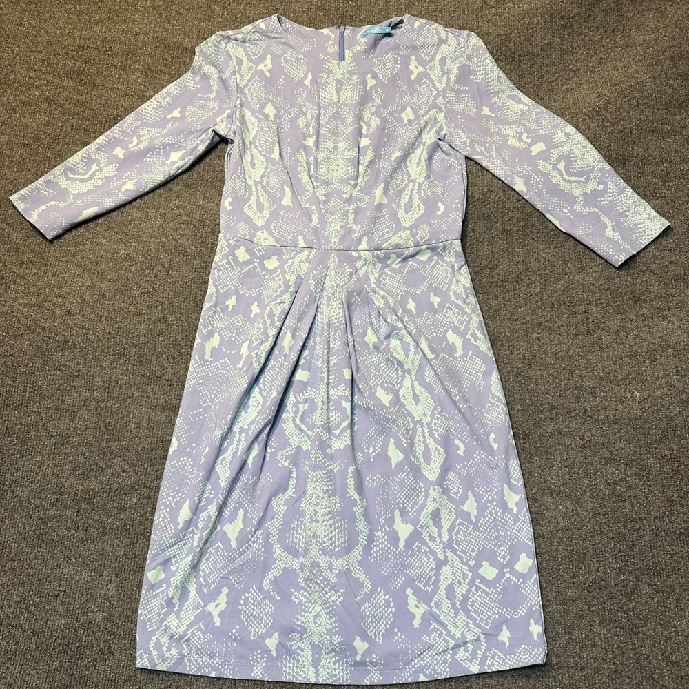 J.McLaughlin Lavender Snakeskin Pleated Sheath Dress XS Purple Green 3/4 Sleeve